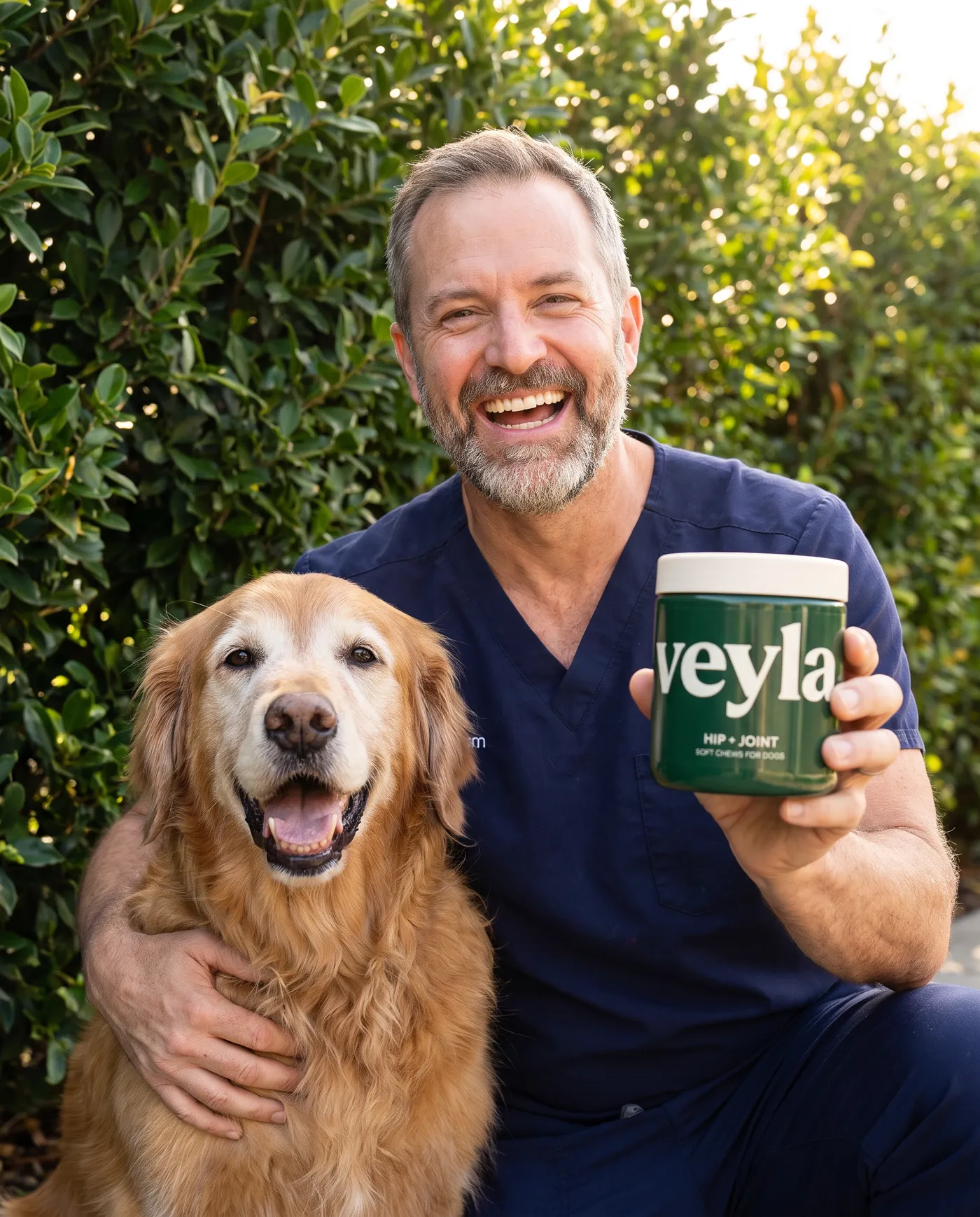 A veterinarian holding a Veyla tub next to a happy senior golden retriever
