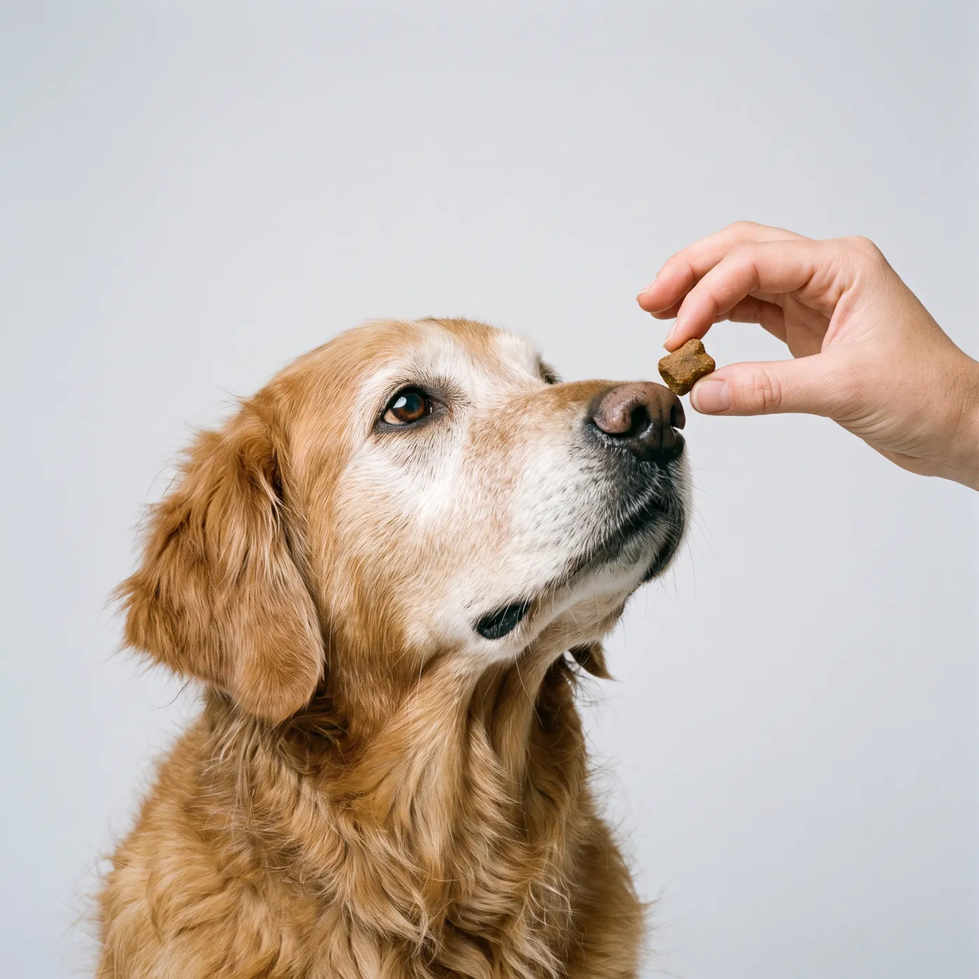 A senior golden retriever eagerly sniffing a soft chew held in a hand