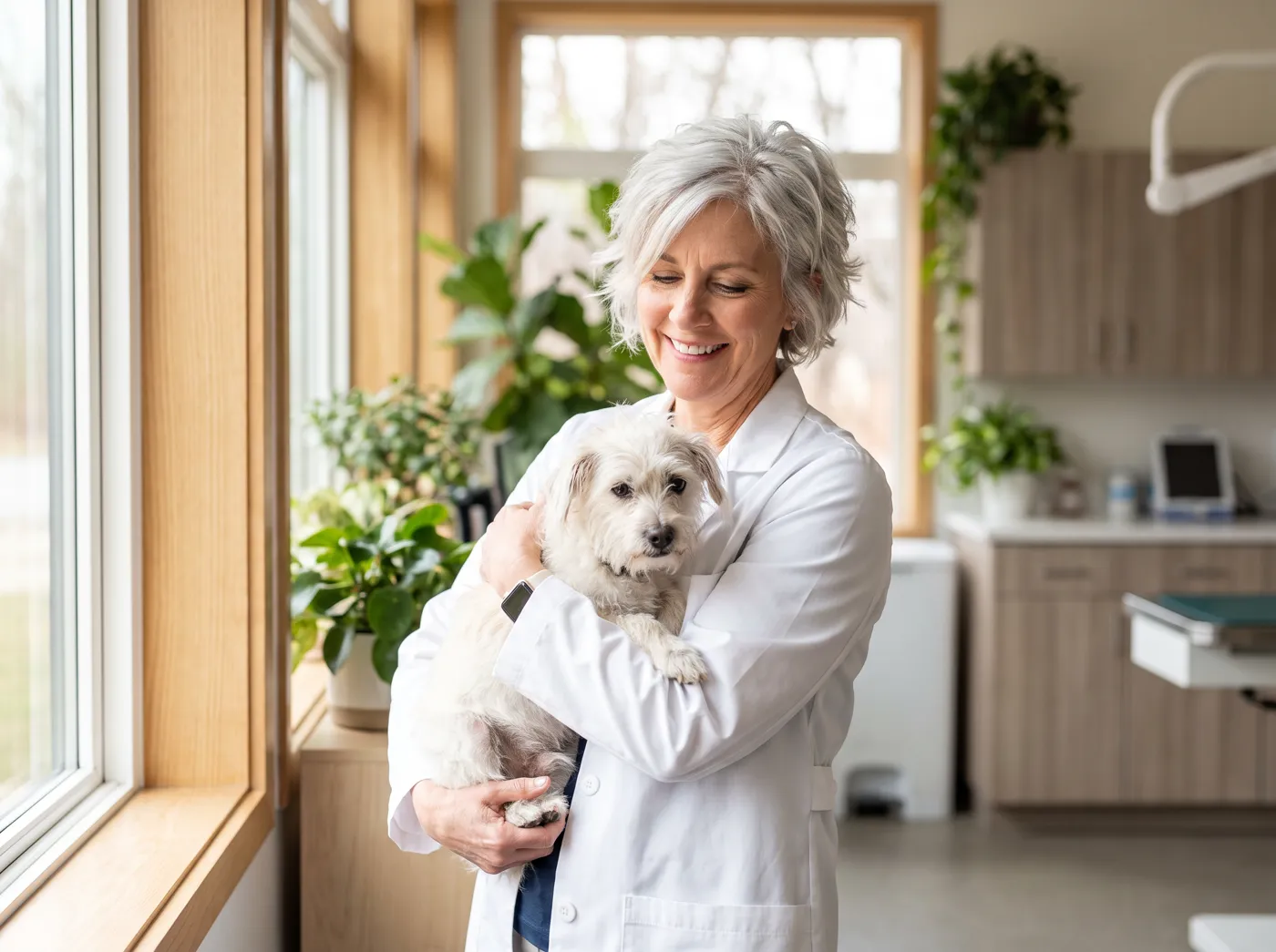 A veterinary nutritionist holding a small senior dog in a clinic