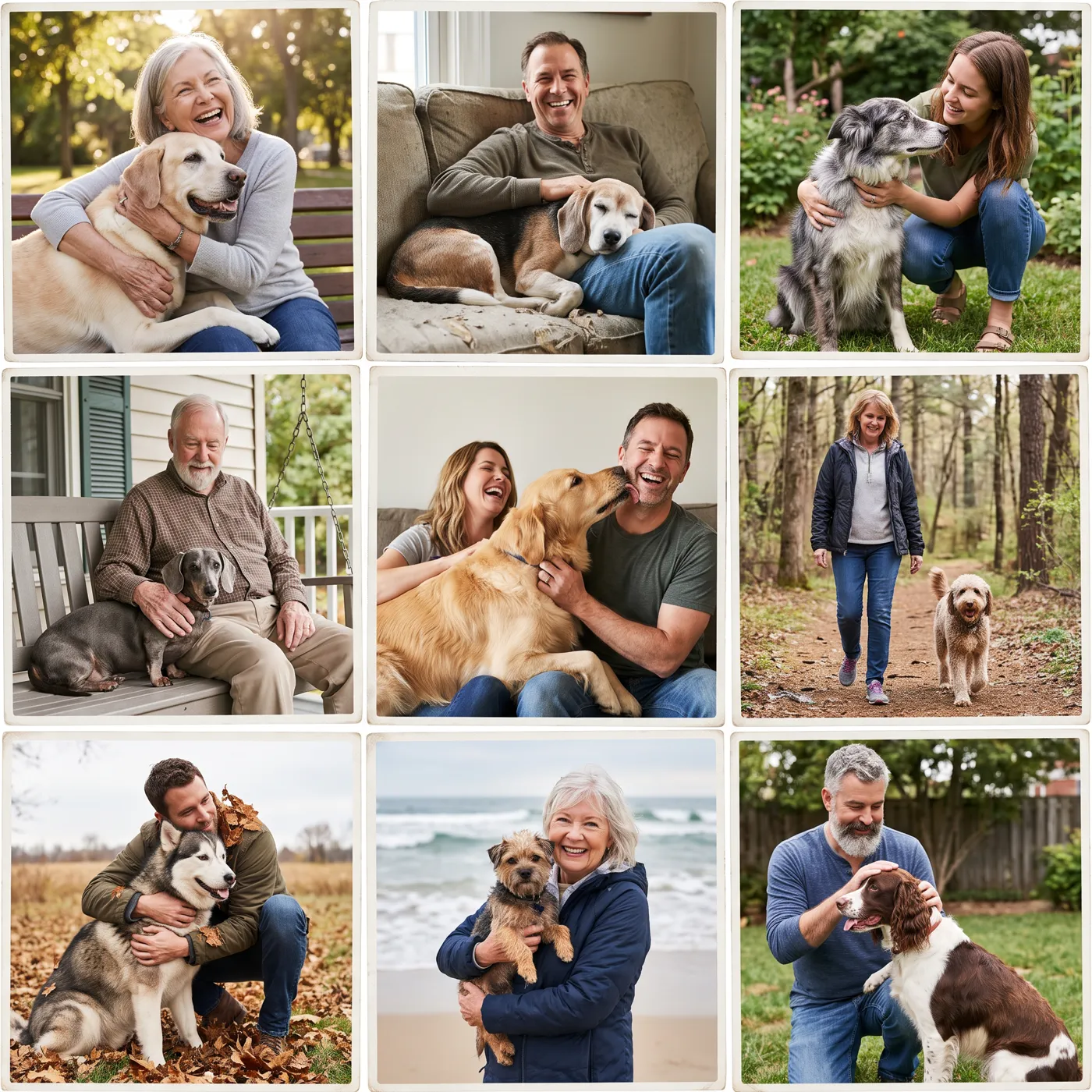 A collage of happy owners with their senior dogs