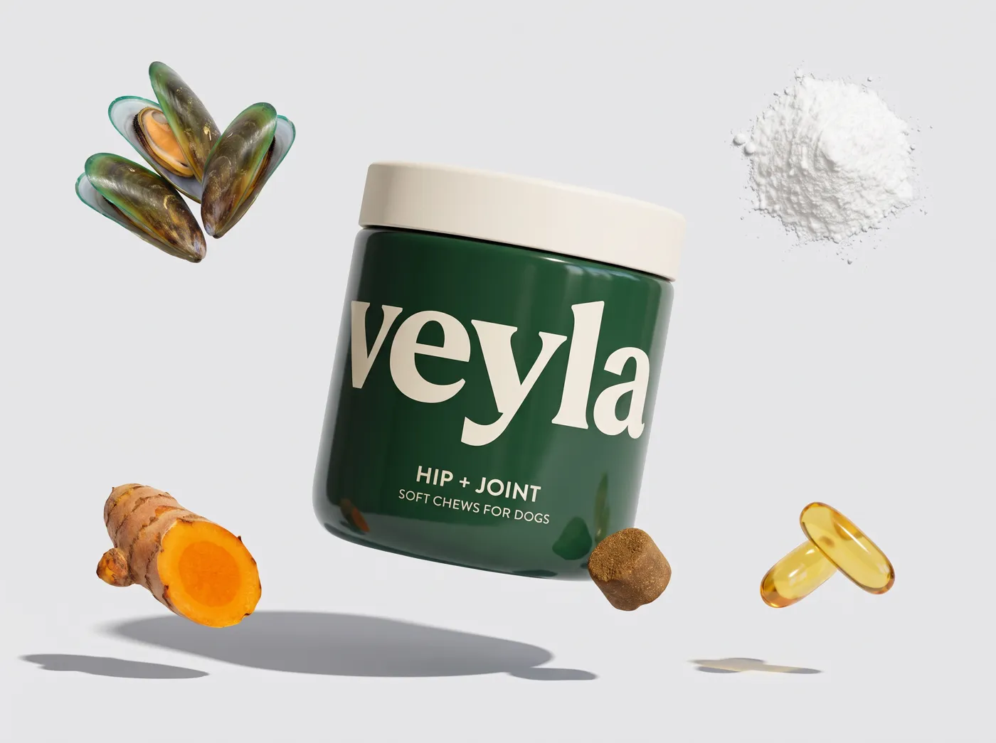 Veyla tub surrounded by green-lipped mussel, glucosamine, turmeric and fish oil
